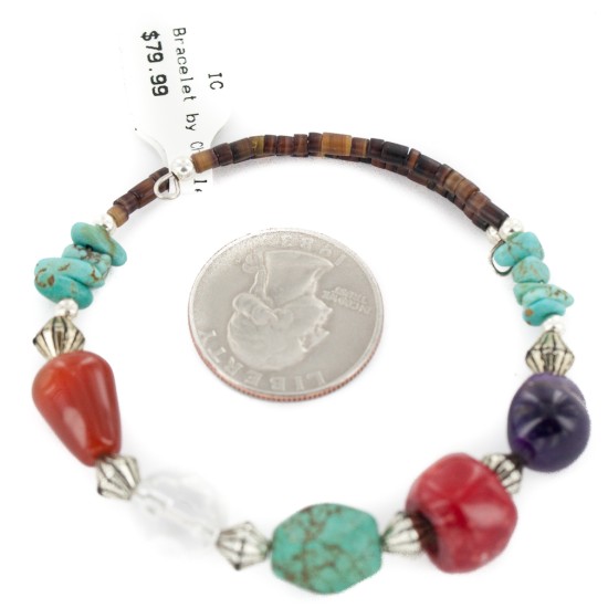 Certified Authentic Navajo Natural Turquoise Coral Amethyst Agate Heishi Adjustable Wrap Native American Bracelet 13049-14