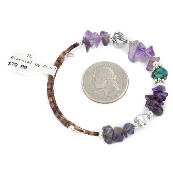 Certified Authentic Heart Navajo Natural Turquoise Amethyst Heishi Adjustable Wrap Native American Bracelet 13049-15