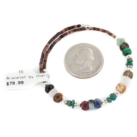 Certified Authentic Navajo Natural Turquoise Malachite Quartz Heishi Adjustable Wrap Native American Bracelet 13049-17