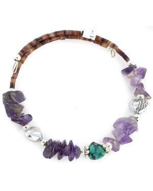 Certified Authentic Heart Navajo Natural Turquoise Amethyst Heishi Adjustable Wrap Native American Bracelet 13049-15