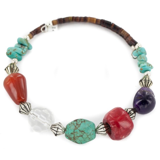 Certified Authentic Navajo Natural Turquoise Coral Amethyst Agate Heishi Adjustable Wrap Native American Bracelet 13049-14