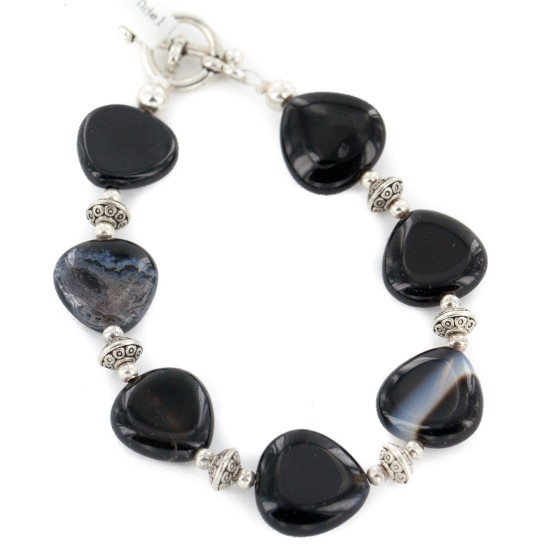 Certified Authentic Navajo Nickel Natural Black Agate Native American Bracelet 13048-1