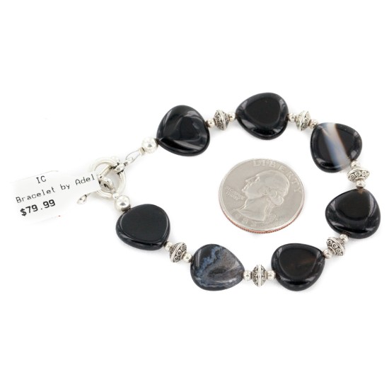 Certified Authentic Navajo Nickel Natural Black Agate Native American Bracelet 13048-1