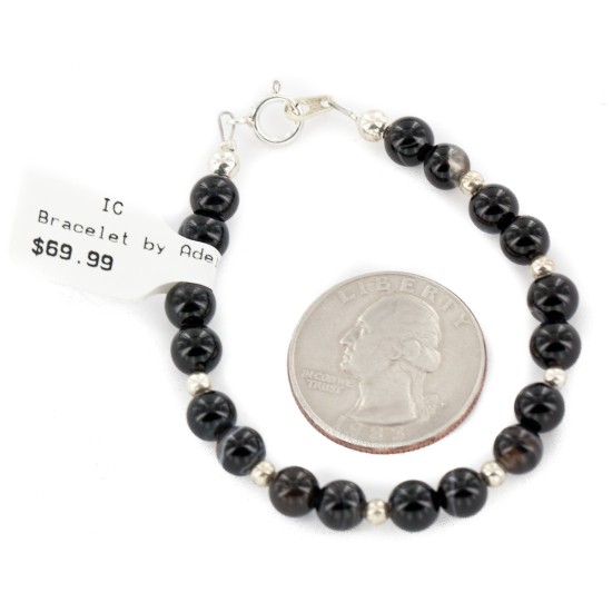 Certified Authentic .925 Sterling Silver Navajo Natural Black Agate Native American Bracelet 13040-3