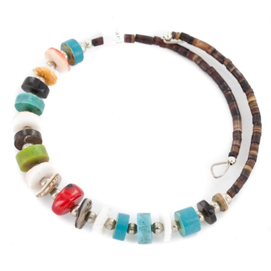 Certified Authentic Navajo Natural Turquoise Gaspeite Coral Heishi Adjustable Wrap Native American Bracelet 13037-2