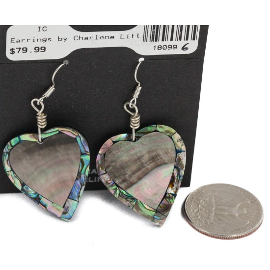 Inlay Heart Certified Authentic Navajo .925 Sterling Silver Hooks Natural Abalone Native American Dangle Earrings 18099-6