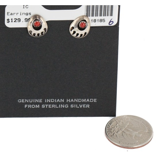 Handmade Bear Paw Certified Authentic Turtle .925 Sterling Silver Coral Native American Stud Earrings 18185-6