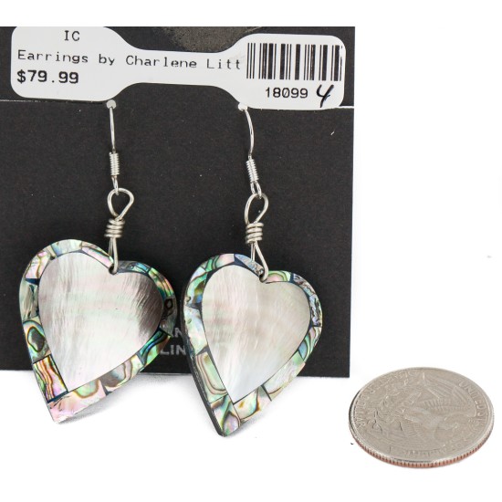Inlay Heart Navajo Certified Authentic .925 Sterling Silver Hooks Natural Abalone Native American Dangle Earrings 18099-4