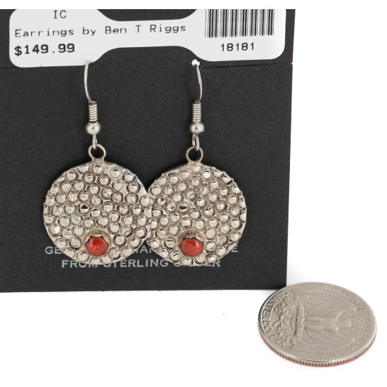 Handmade Certified Authentic Navajo Nickel Coral Native American Dangle Earrings 18181