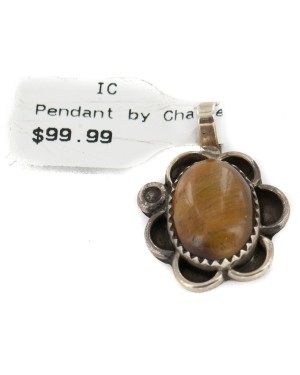 Certified Authentic .925 Sterling Silver Navajo Handmade Natural Tigers Eye Native American Pendant 18173-1