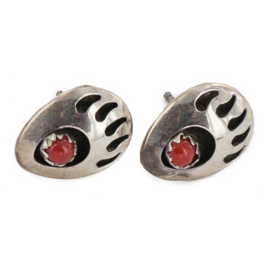 Handmade Bear Paw Certified Authentic Turtle .925 Sterling Silver Coral Native American Stud Earrings 18185-6