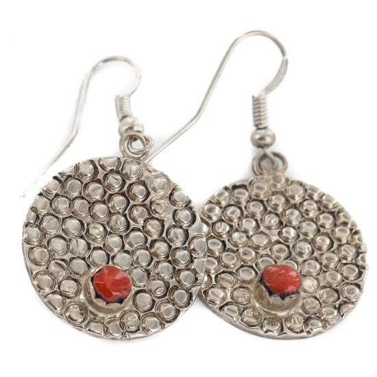 Handmade Certified Authentic Navajo Nickel Coral Native American Dangle Earrings 18181