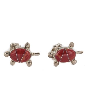 Handmade Certified Authentic Turtle .925 Sterling Silver Coral Native American Stud Earrings 18185-2