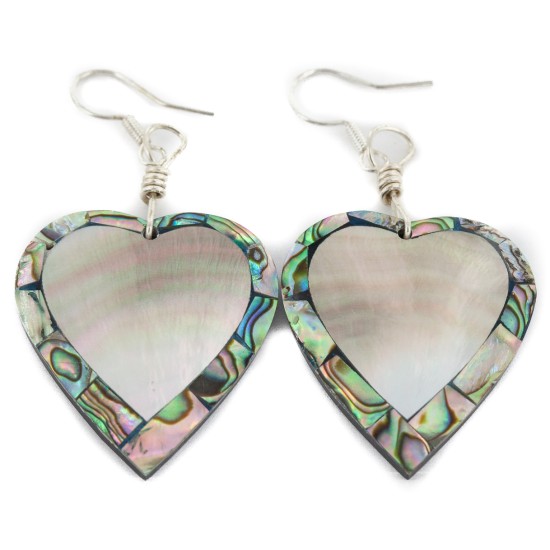 Inlay Heart Navajo Certified Authentic .925 Sterling Silver Hooks Natural Abalone Native American Dangle Earrings 18099-4