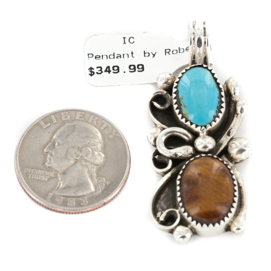 Certified Authentic .925 Sterling Silver Handmade Navajo Natural Turquoise Tigers Eye Native American Pendant 13062