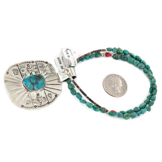 Arrows Certified Authentic Nickel .925 Sterling Silver Handmade Navajo Coral Natural Turquoise Native American Necklace 12812-2-750118-17