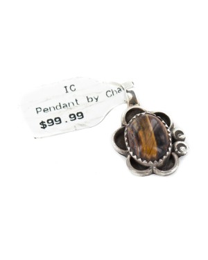Certified Authentic .925 Sterling Silver Handmade Navajo Natural Tigers Eye Native American Pendant 18173-3
