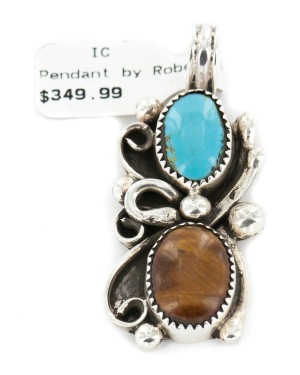 Certified Authentic .925 Sterling Silver Handmade Navajo Natural Turquoise Tigers Eye Native American Pendant 13062