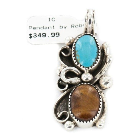 Certified Authentic .925 Sterling Silver Handmade Navajo Natural Turquoise Tigers Eye Native American Pendant 13062