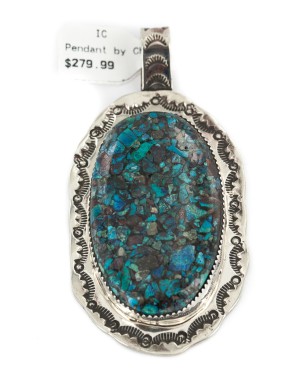 Certified Authentic Handmade Navajo Nickel Natural Chips Inlaid Turquoise Native American Pendant 17088