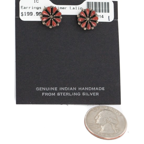 Handmade Certified Authentic Petit Point Flower Zuni .925 Sterling Silver Coral Native American Stud Earrings 27214-1