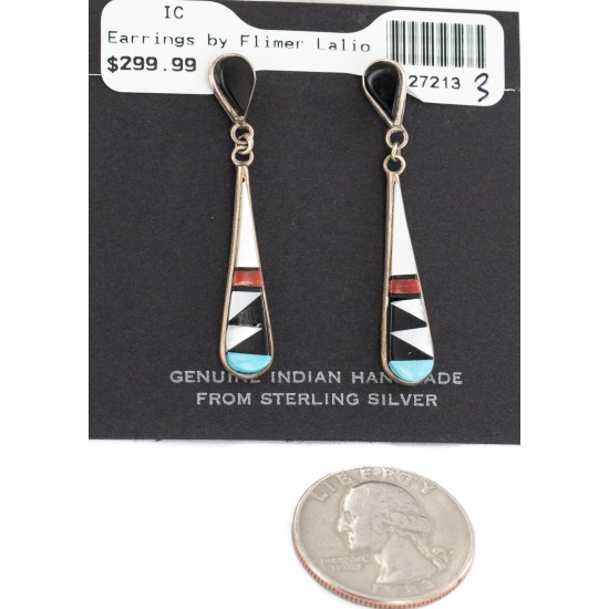 Inlay Drop Handmade Certified Authentic Zuni .925 Sterling Silver Natural Turquoise Mother Of Pearl Black Onyx Coral Native American Dangle Earrings 27213-3