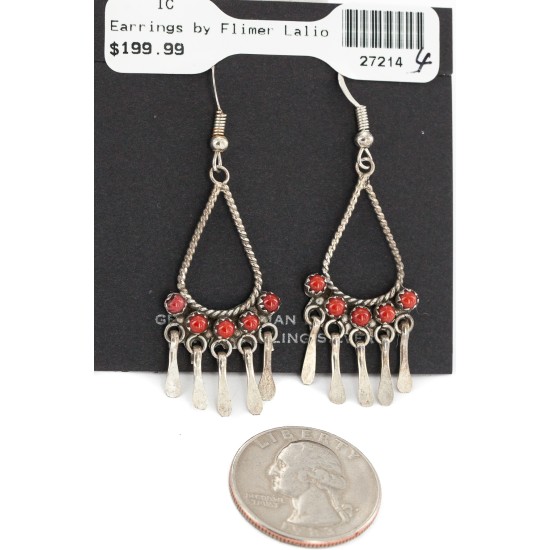 Handmade Certified Authentic Zuni .925 Sterling Silver Coral Native American Dangle Earrings 27214-4