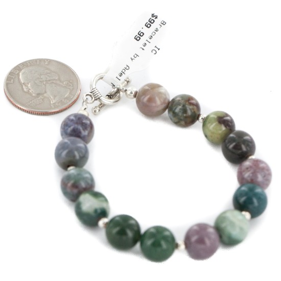 Certified Authentic Nickel Navajo Natural Green Agate Native American Bracelet 13066-1