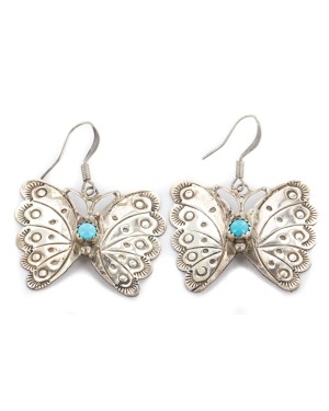 Certified Authentic Handmade Butterfly Navajo Signed .925 Sterling Silver Natural Turquoise Dangle Native American Earrings 27219