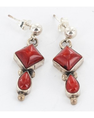 Certified Authentic Handmade Navajo .925 Sterling Silver Coral Native American Dangle Earrings 27216-3