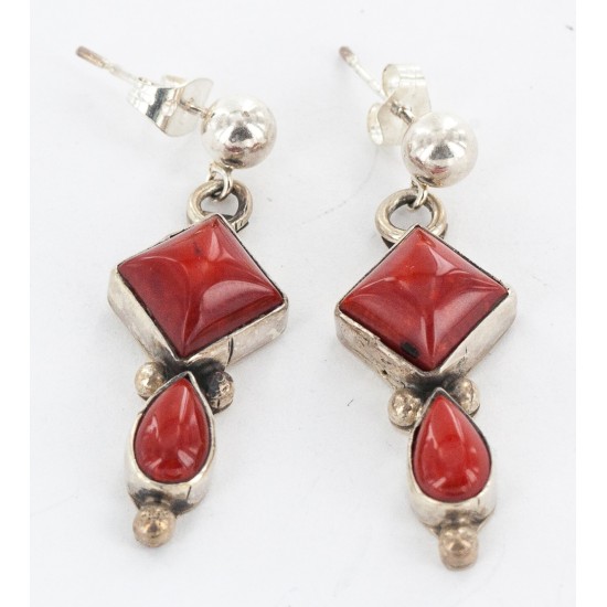Certified Authentic Handmade Navajo .925 Sterling Silver Coral Native American Dangle Earrings 27216-3
