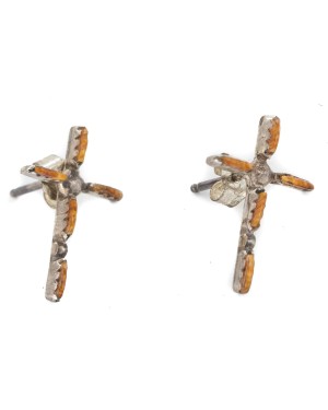 Handmade Certified Authentic Cross Zuni .925 Sterling Silver Natural Spiny Oyster Native American Stud Earrings 27220