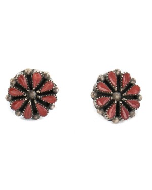 Handmade Certified Authentic Petit Point Flower Zuni .925 Sterling Silver Coral Native American Stud Earrings 27214-1