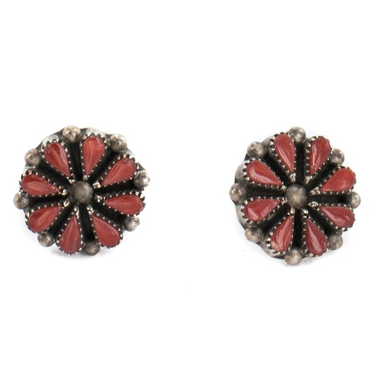 Handmade Certified Authentic Petit Point Flower Zuni .925 Sterling Silver Coral Native American Stud Earrings 27214-1