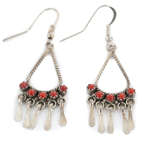 Handmade Certified Authentic Zuni .925 Sterling Silver Coral Native American Dangle Earrings 27214-4
