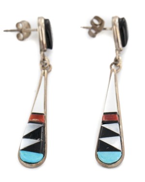 Inlay Drop Handmade Certified Authentic Zuni .925 Sterling Silver Natural Turquoise Mother Of Pearl Black Onyx Coral Native American Dangle Earrings 27213-3