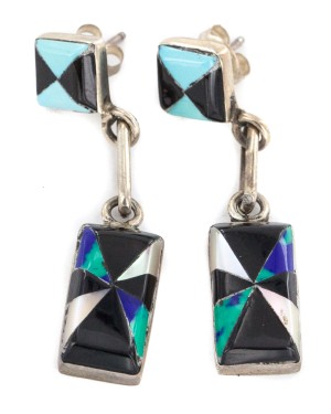 Inlay Handmade Certified Authentic Zuni .925 Sterling Silver Natural Turquoise Mother Of Pearl Black Onyx Dangle Native American Earrings 27213-1