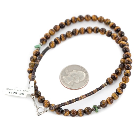 Certified Authentic Navajo .925 Sterling Silver Natural Turquoise Tigers Eye Native American Necklace 15786-101