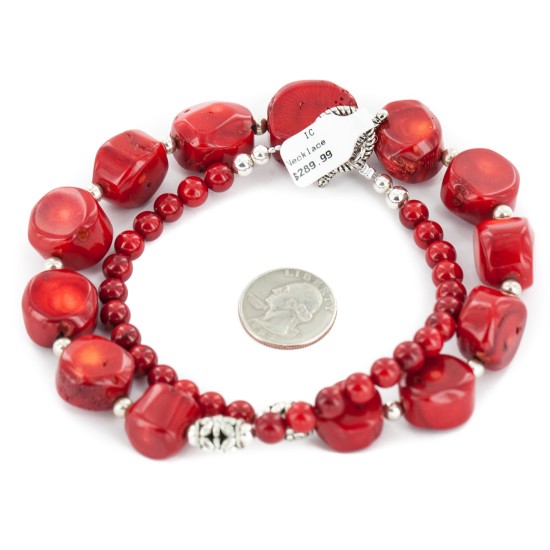 Certified Authentic Navajo Nickel Coral Native American Necklace 25291-10