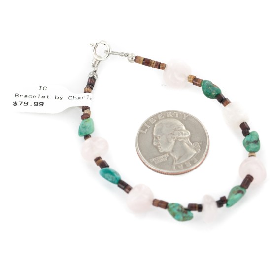 Navajo .925 Sterling Silver Certified Authentic Natural Turquoise Pink Quartz Native American Bracelet 13077
