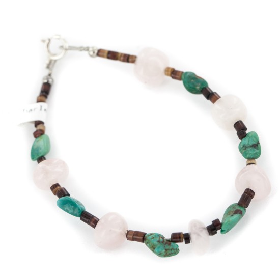 Navajo .925 Sterling Silver Certified Authentic Natural Turquoise Pink Quartz Native American Bracelet 13077