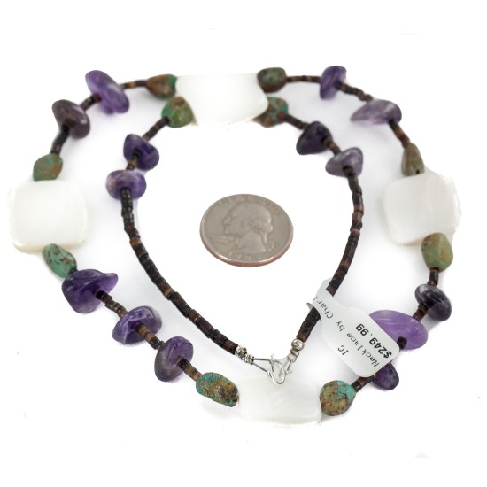 Certified Authentic Navajo .925 Sterling Silver Natural Turquoise Amethyst Mother of Pearl Native American Necklace 18189 Certified Authentic Navajo .925 Sterling Silver Natural Turquoise Amethyst Mother of Pearl Native American Necklace 18189