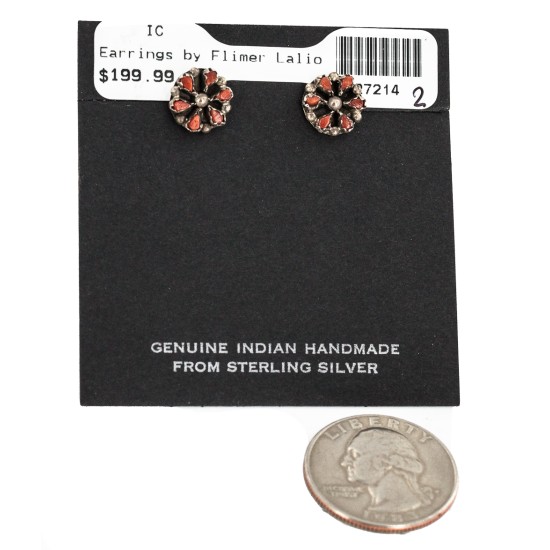 Certified Authentic Handmade Petit Point Flower Zuni .925 Sterling Silver Coral Native American Stud Earrings 27214-2