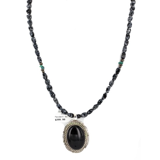 Handmade Certified Authentic .925 Sterling Silver Navajo Natural Turquoise Black Onyx Snowflakes Obsidian Native American Necklace 12927-15814
