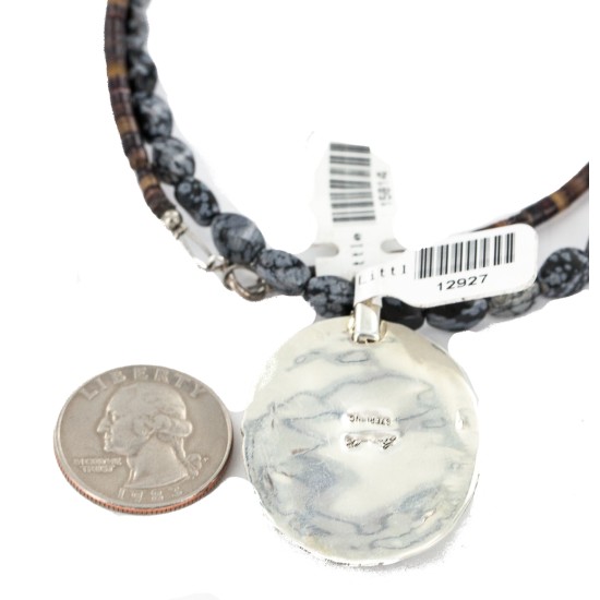 Handmade Certified Authentic .925 Sterling Silver Navajo Natural Turquoise Black Onyx Snowflakes Obsidian Native American Necklace 12927-15814