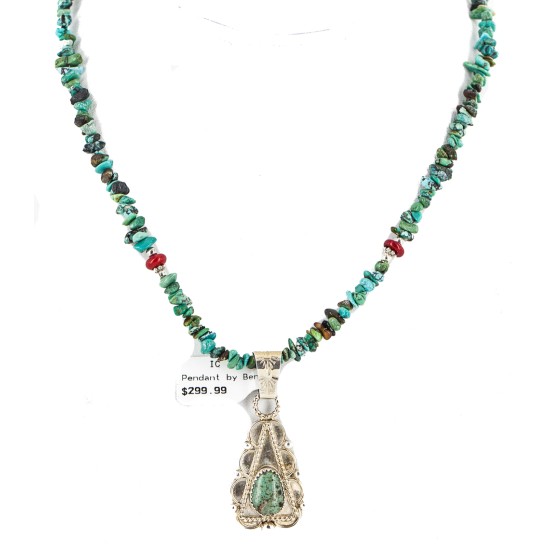.925 Sterling Silver Certified Authentic Navajo Natural Turquoise Coral Native American Necklace 18190-2-1601