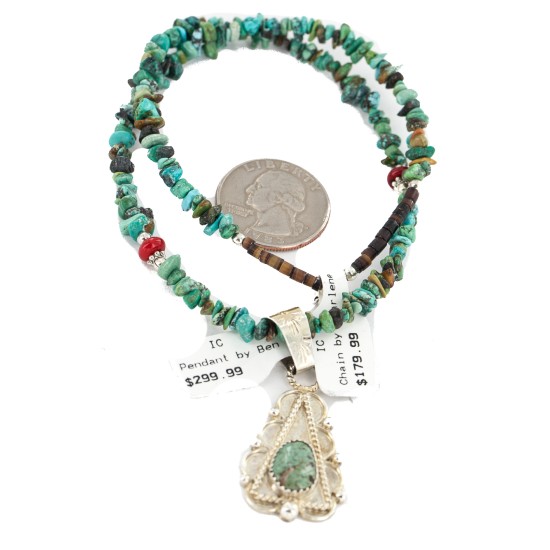 .925 Sterling Silver Certified Authentic Navajo Natural Turquoise Coral Native American Necklace 18190-2-1601