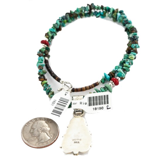 .925 Sterling Silver Certified Authentic Navajo Natural Turquoise Coral Native American Necklace 18190-2-1601