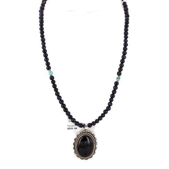 Handmade Certified Authentic .925 Sterling Silver Navajo Natural Turquoise Black Onyx Purple Goldstone Native American Necklace 1501-25333