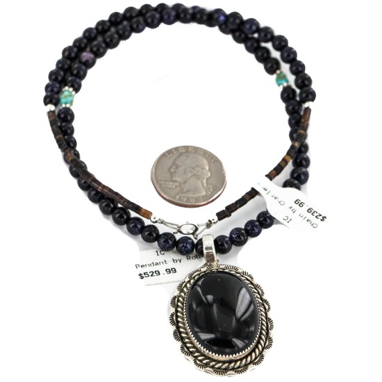Handmade Certified Authentic .925 Sterling Silver Navajo Natural Turquoise Black Onyx Purple Goldstone Native American Necklace 1501-25333